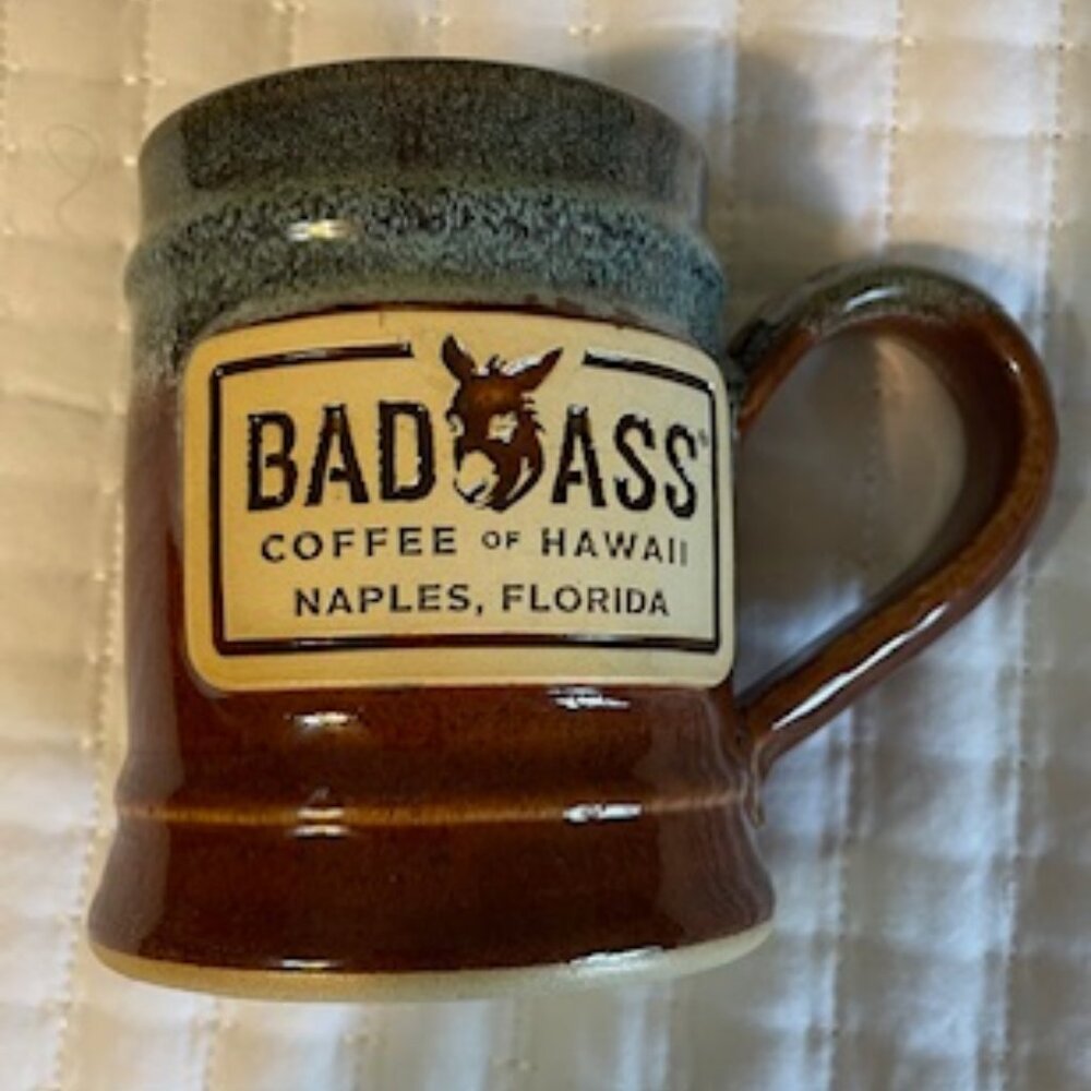 Grey Fox Pottery, " Bad Ass Coffee of Hawaii , Naples Florida"  coffee mug.